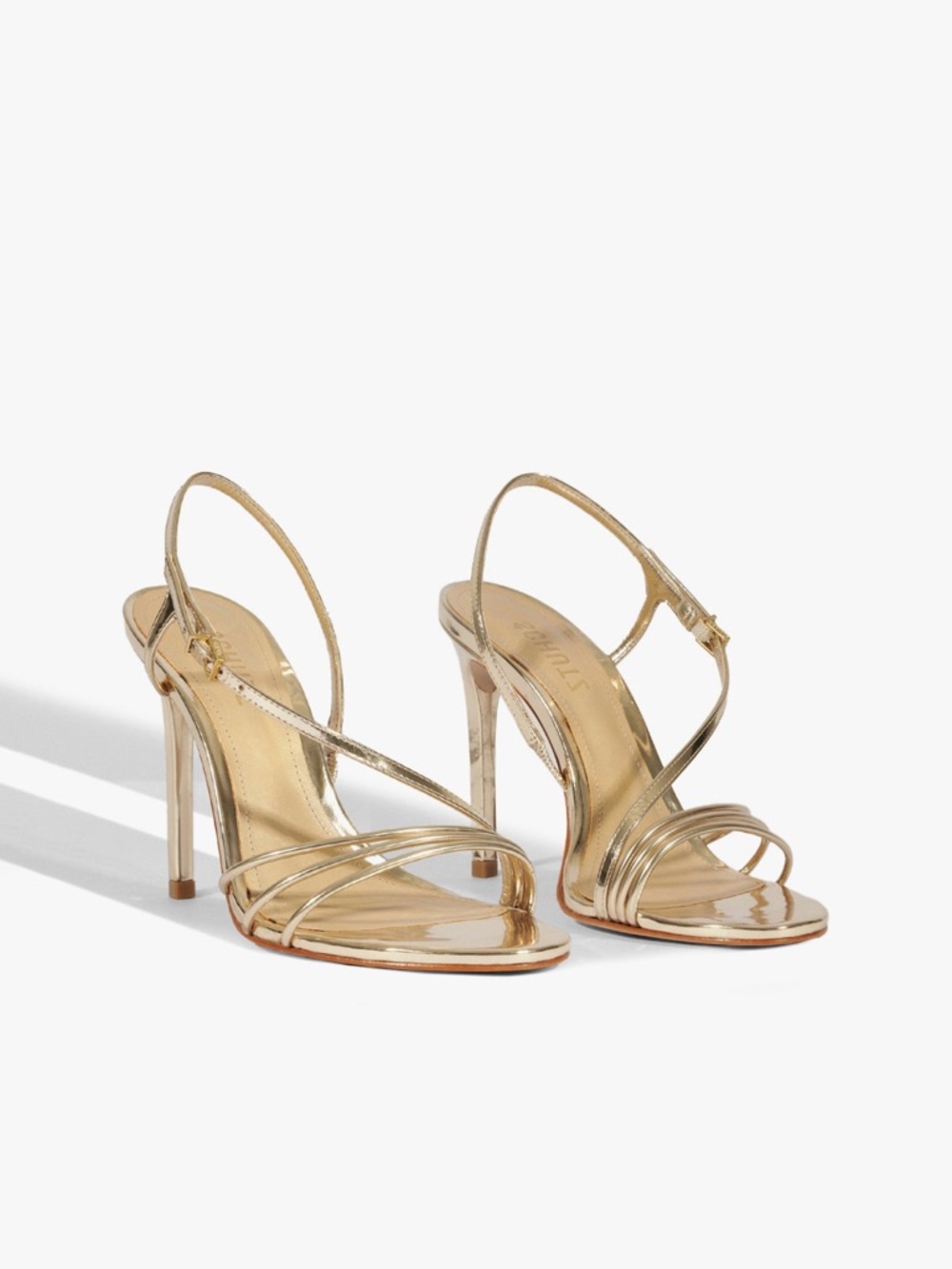 New SCHUTZ Inez Metallic Gold Strappy High Heel Sandal Size 8